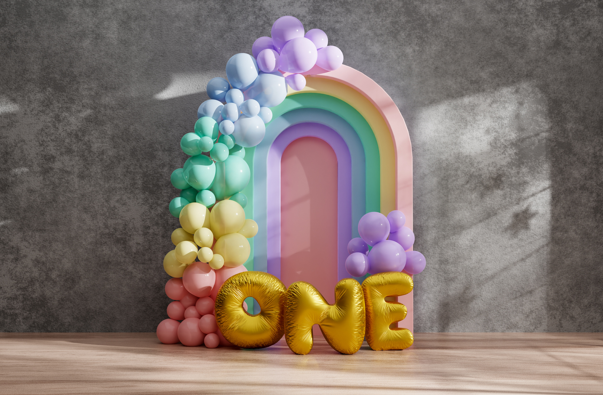 Celebration room No.1 with rainbow balloons, First birthday decorations, 3D Rendering.