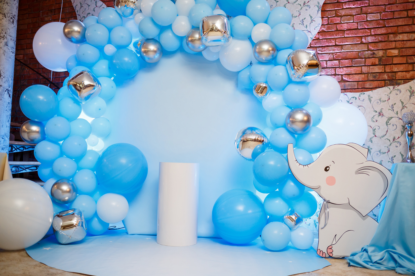 Photo Zone with Balloons. Boy's Birthday Decor. Festive Decoration. Balloons. Childrens Party Background. Festive Photo Zone in Blue.